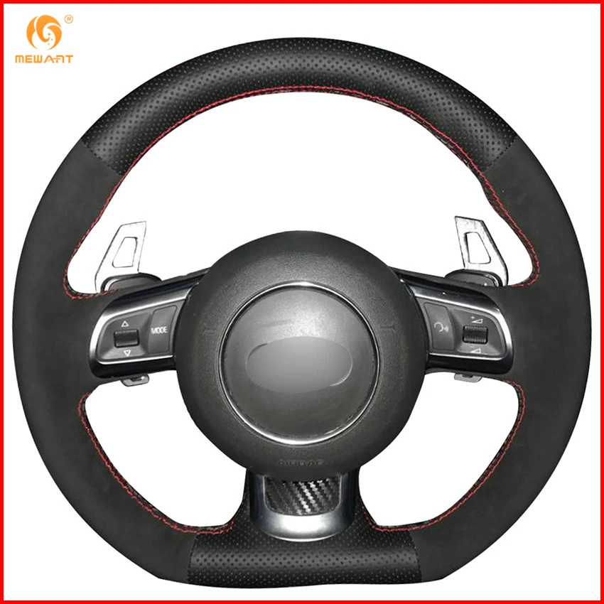 MEWANT Black Genuine Leather Black Suede Car Steering ...