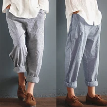 Женские хлопковые льняные штаны-шаровары больших размеров 5XL, укороченные летние штаны в полоску с карманами и высокой талией, свободные женские брюки, большие брюки
