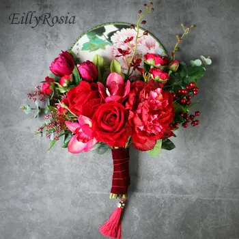 

Chinese Style Wedding Flowers Bridal Bouquet Red Roses Bride Bouquet Mariage ramos de novia artificiales Wedding Accessories Fan
