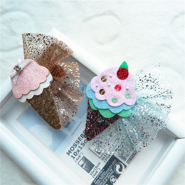 

Boutique ins 15pcs Fashion Cute Felt Icecream Hairpins Glitter Lace Icecream Cone Hair Clips Princess Headware Hair Accessories