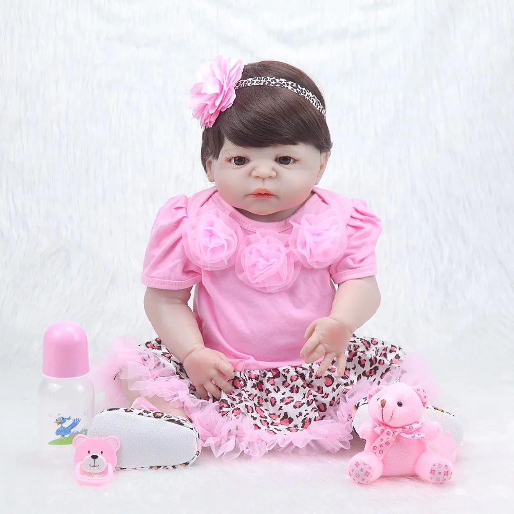 

NPK22inch Popular Victoria rooted black hair Lifelike newborn Baby girl with pink skirt full silicone Bonecas Bebe Reborn dolls
