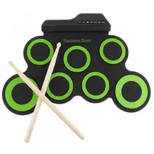 Portable Electronic Digital USB 7 Pads Roll up Drum Set Silicone Green Electric Drum Kit with Drumsticks and Sustain Pedal