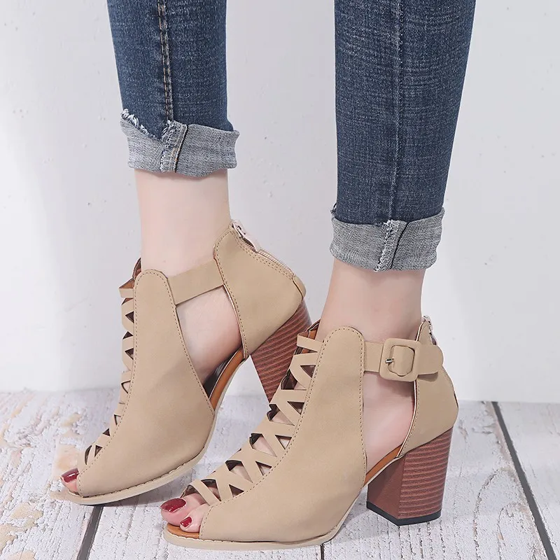 

Suede Peep Toe High heels sandals women 2019 Summer shoes women Sexy Hollow Square heel Gladiator pumps Party female shoes