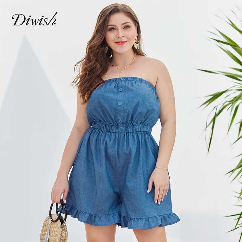 

Diwish Blue Jumpsuit Solid Women Off Shoulder Playsuit Wide Leg Loose Women Playsuits Ruffle Summer Jumpsuit Plus Size XL-4XL