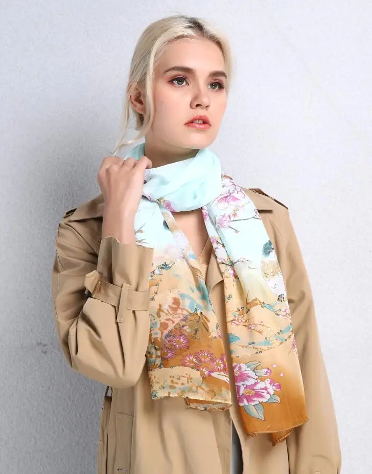 Sparsil женский весенний длинный цветочный шарф с животным принтом высокое качество шифоновые накидки летние модные поддельные шелковые шарфы для женщин - Цвет: SW107BirdLightGreen