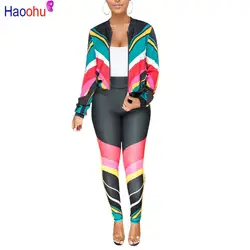 HAOOHU 2 из двух частей комплект Женская одежда Striped Zip Топы + Bodycon брюки спортивный костюм повседневная одежда соответствующие наборы