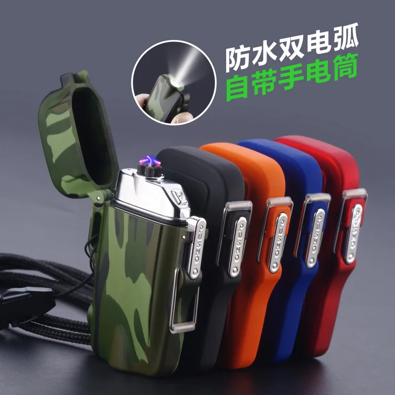 USB Waterproof Electric Plasma Lighter Camouflage With Flashlight Outdoor Double Arc Pulse Lighter Windproof USB Lighter NEW