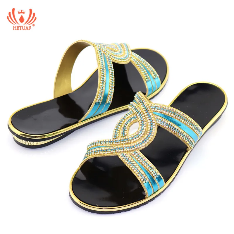 

Latest Sky Blue Color Slip on Low Heels Shoes African Wedding Shoes with Rhinestone Italian Women Summer Slipper Shoes for Party