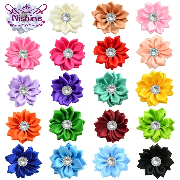 

Nishine 10pcs/lot 1.6" Satin Ribbon Multilayers Fabric Flowers With Acrylic Button for Headbands Hairpins DIY Hair Accessories