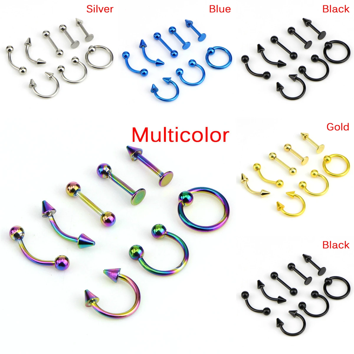 

8pcs/lot Stainless Steel Fashion 16G Titanium Anodized Body Jewelry Helix Piercing Ear Eyebrow Nose Lip Captive Rings
