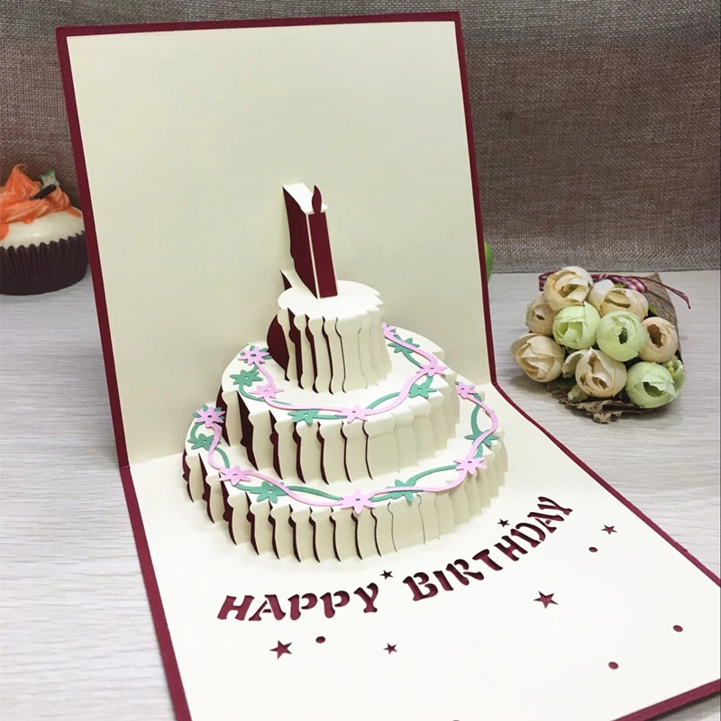 1pcs Sample Happy Birthday Postcard Greeting Gift Cards Kraft Kirigami 3D Handmade Pop Up Laser Cut Vintage Cake with Envelope (4)