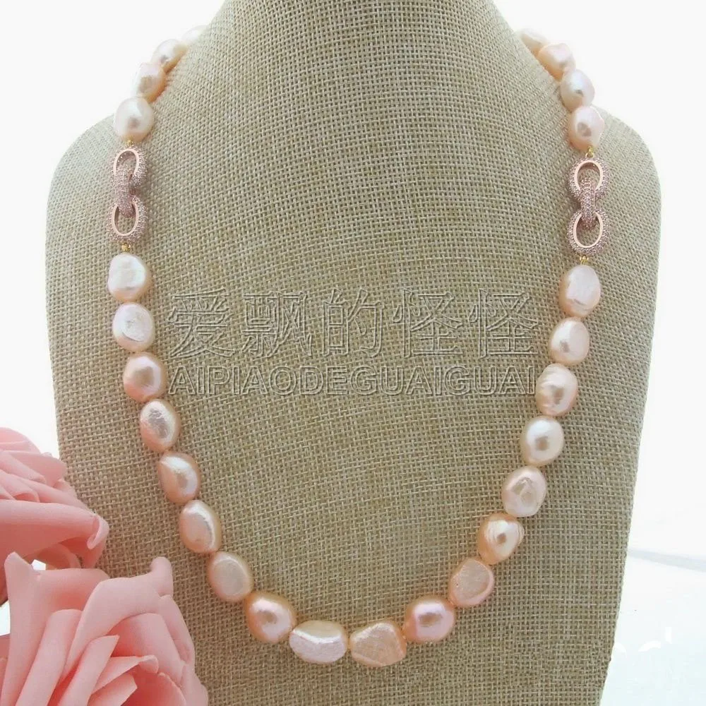 

N061710 22" 13mm Pink Baroque Pearl Necklace CZ Connector