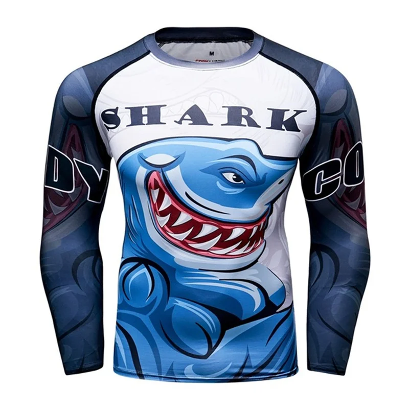 

Shark New Men's Compression Tight Skin UFC T Shirt MMA BJJ Long Sleeves 3D Prints Rash guard Fitness Base Layer Male Tops Wear