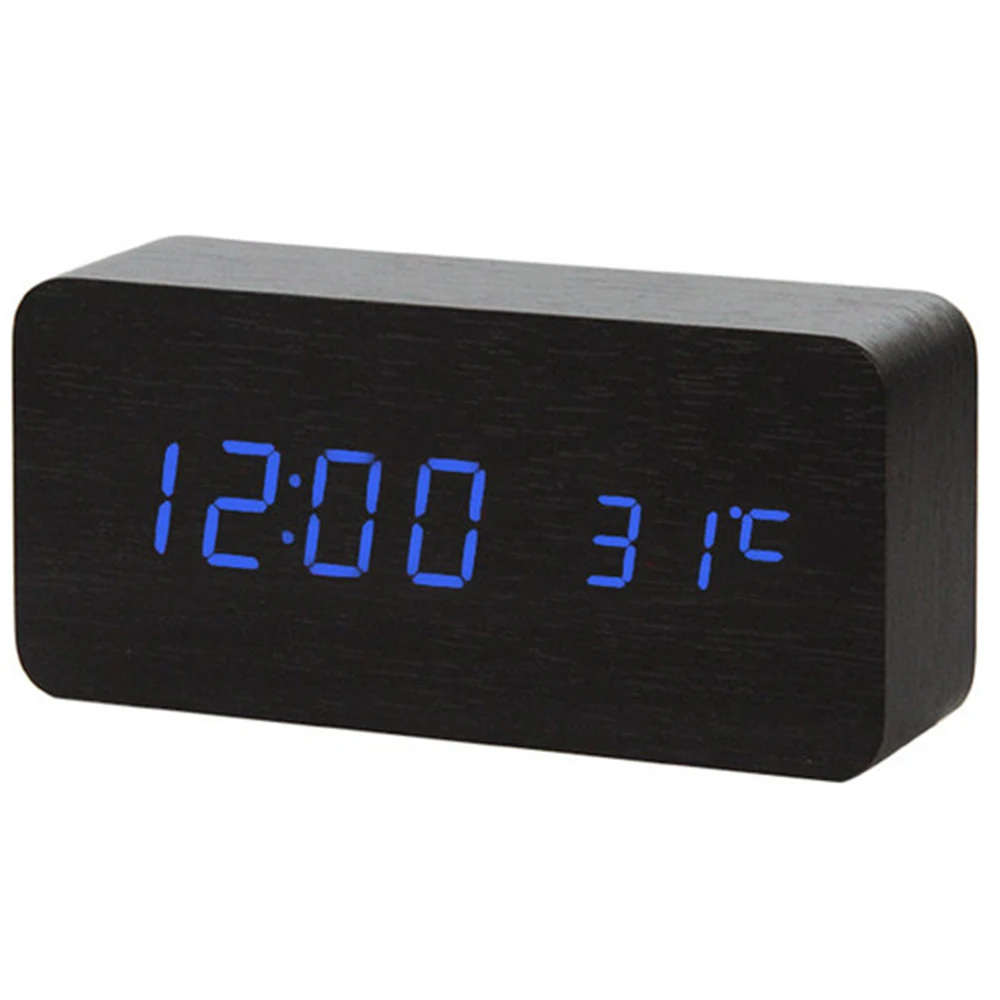Светодиодный Будильник с голосовым управлением, цифровой термометр с деревянной подсветкой, деревянные ретро светящиеся часы, настольные светящиеся будильники - Цвет: Blue Number Black