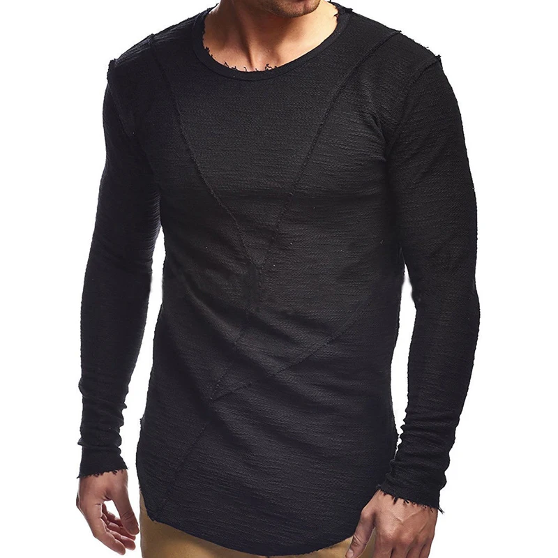 Comfortable Extend HipHop Men T Shirt Long Sleeve Basic Solid O-Neck Patchwork Loose Gyms Muscle Shirts Tee Male Clothing