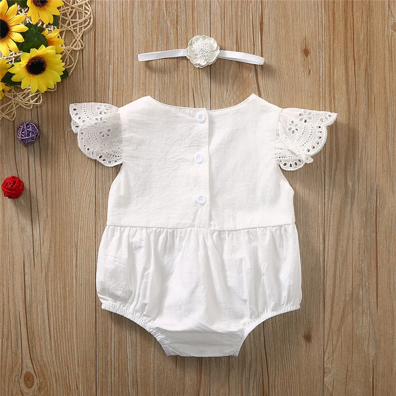 baby romper Summer Infant Baby Girls Lace Fly Sleeve Ruffles Solid Romper +Headband  #4J1 (5)
