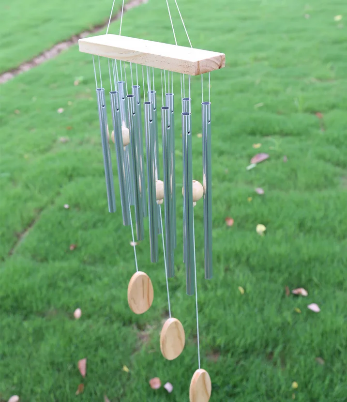 Antique Large 12 Hollow Silver Alloy Metal Tubes Log Wood Wind Chime