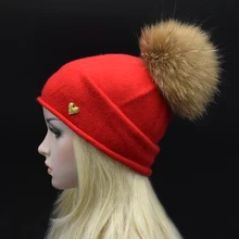 Марка Сплошной цвет шерстяные шапки для женщин зима подлинная енота меховые помпоны knited шляпы шапочка женский шляпа роскошный Натуральный Мех шляпа