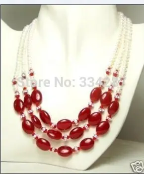 

3Rows Genuine 6-7MM Pearls Red Jades Wedding Jewelry gift necklaces