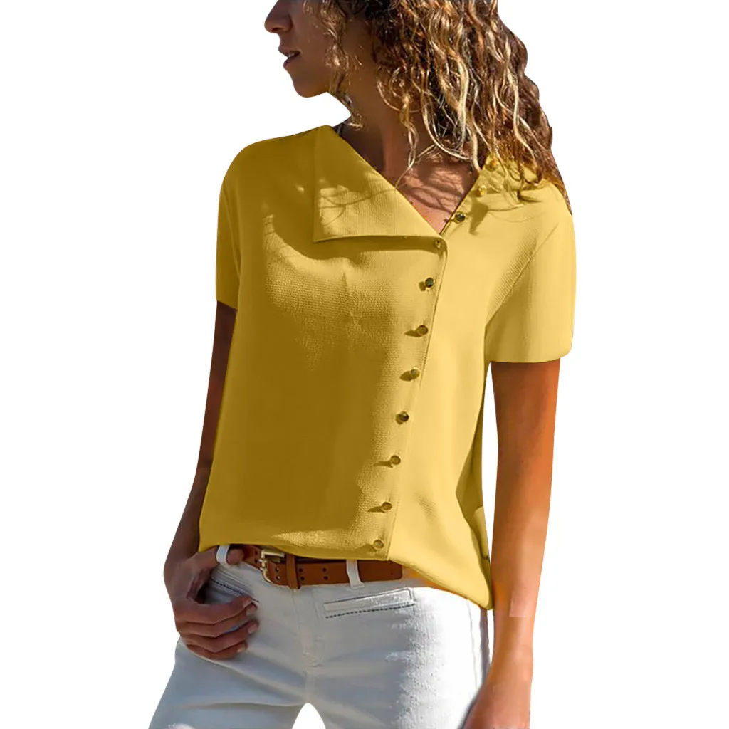 

Womens Summer Top Fashion Ladies Top Casual Lapel Neck Blouse Short Sleeve Buckle Blouses And Tops Shirt Blusas Feminina 2019