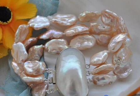 

huij 001672 3row 8" 20mm pink baroque keshi reborn pearl bracelet mabe clasp