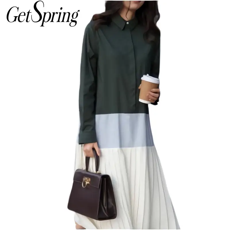 

GETSRING Women Dress Long Sleeve Dress Long Vintage Women Shirt Dresses Loose Stitching Pleated 2018 New Summer Plus Size
