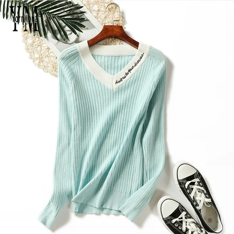 

YornMona Autumn Pullover Women V Neck Sweater Knitted Jumper 2019 New Chic Winter Tops for Women Sweaters and Pullovers Tricot