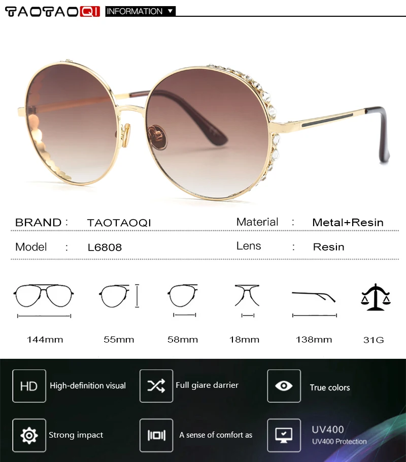 TAOTAOQI бренд солнцезащитных очков Для женщин мода металлическими Стразами Круглый Дизайнер Солнцезащитные очки женские 2018 оттенков Óculos
