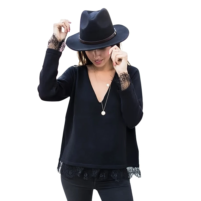 

New Sweters Women Invierno Fashion Lace Stitching Long Sleeve Black Shirt Women Long Sleeve V-neck Sueter Feminino Women Sweater