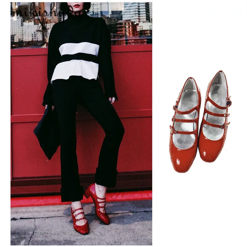 

2017 Fashion Women'S Buckle Strapy Middle Heel Sandals Red Patent Leather Pumps Low Heels Street Style Wedding Shoes Mary Jane