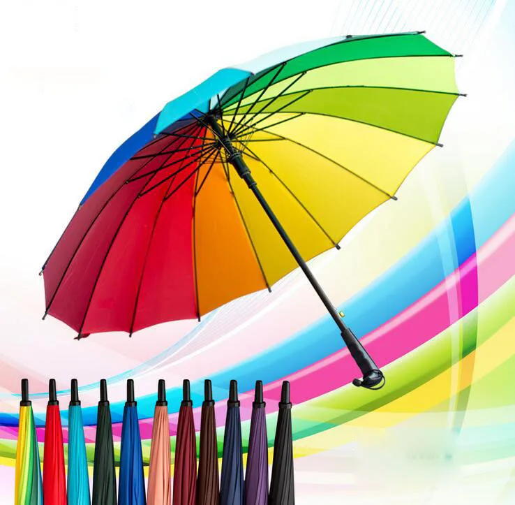 

Rainbow umbrella 16 long shank bone rainbow umbrella Pure color rods sunshade cloth rain gift umbrella lighting strike
