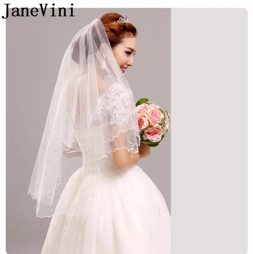 JaneVini Cheap Simple Bridal Veil Ivory Pearl One Layer Pencil Edge Short Wedding Veils Brides Wedding Accessories bruid sluiers