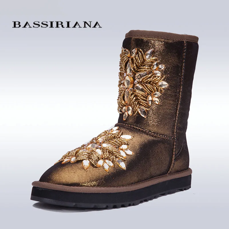 BASSIRIANA women s fashion blue sheepskin snow boots with crystal decoration Free shipping