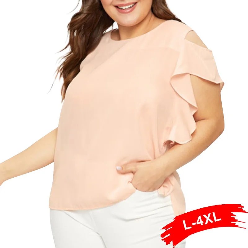 

Plus Size Sweet Ruffles Cold Shoulder Pink Shirts 3XL 4XL Summer Europe Style Back Zipper Short Sleeve Fashion Tops Blusas