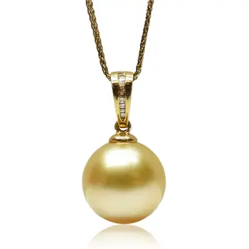 

Free Shipping Gorgeous AAA 11.45MM Real South Sea Golden Pearl Diamond Pendant 18K Yellow Gold
