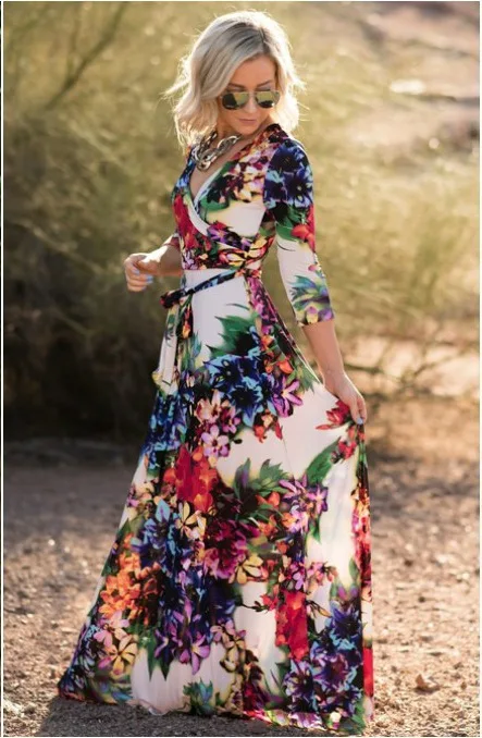 

Fashion Office Lady Bohemian Maxi Dresses for Women Print V Neck Summer Beach Dresses Middle Sleeve Vestidos