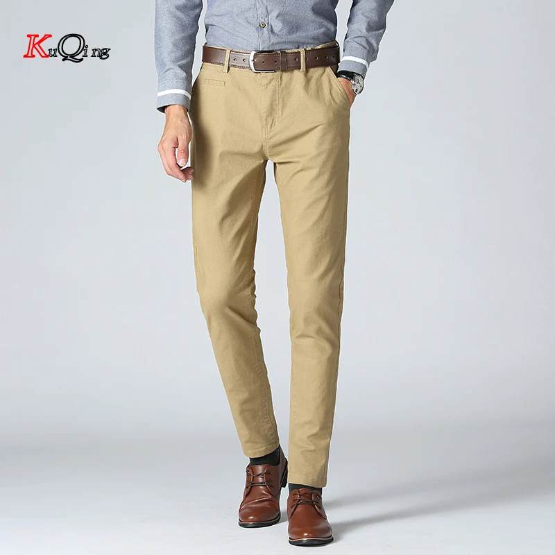

KUQING 2019 Men's Cotton Casual Pants Spring And Summer Classic Fashion Slim Fit Male Trousers High Quality Casual Trousers