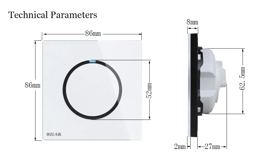 WELAIK UK standard-Crystal Glass-Panel Push-Button Switch-Wall Light-Switch AC110-250V 1Gang-1Way B1711W