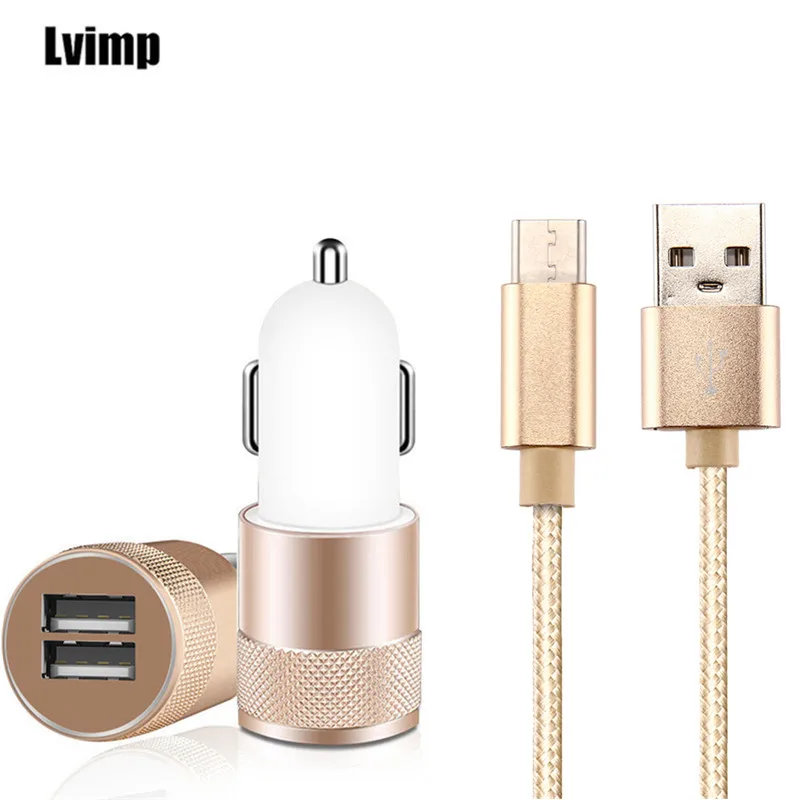 Aluminum 2Ports Universal USB Car Charger + Nylon USB Type C Cable for Huawei Mate 9 10 Pro Xiaomi Mi Note 3 Oneplus 5 LG Q6 Q8