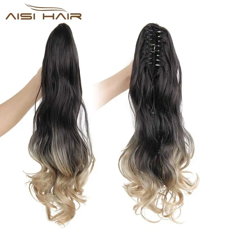 I's a wig 19 inches Long Ponytail Clip in Pony tail Hair Extensions Claw on Hair piece Wavy Ombre Synthetic Fiber