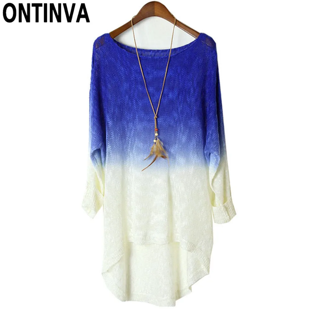 

Girls Fashion Gradient Color Thin Sweaters Crochet Woman Casual O-Neck Pullovers Long Sleeve Tops Mujer Femme Knitted Jumper