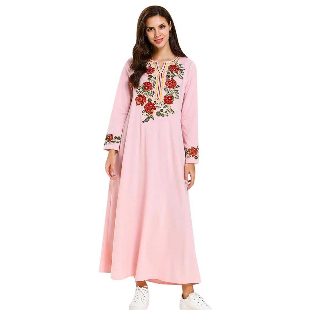 

Hot Fashion Cotton Pink Muslim Women Modest Maxi Dress Abaya Turkey Long Robe Kaftan Clothing Muslim Dress 2019 New Arrivals