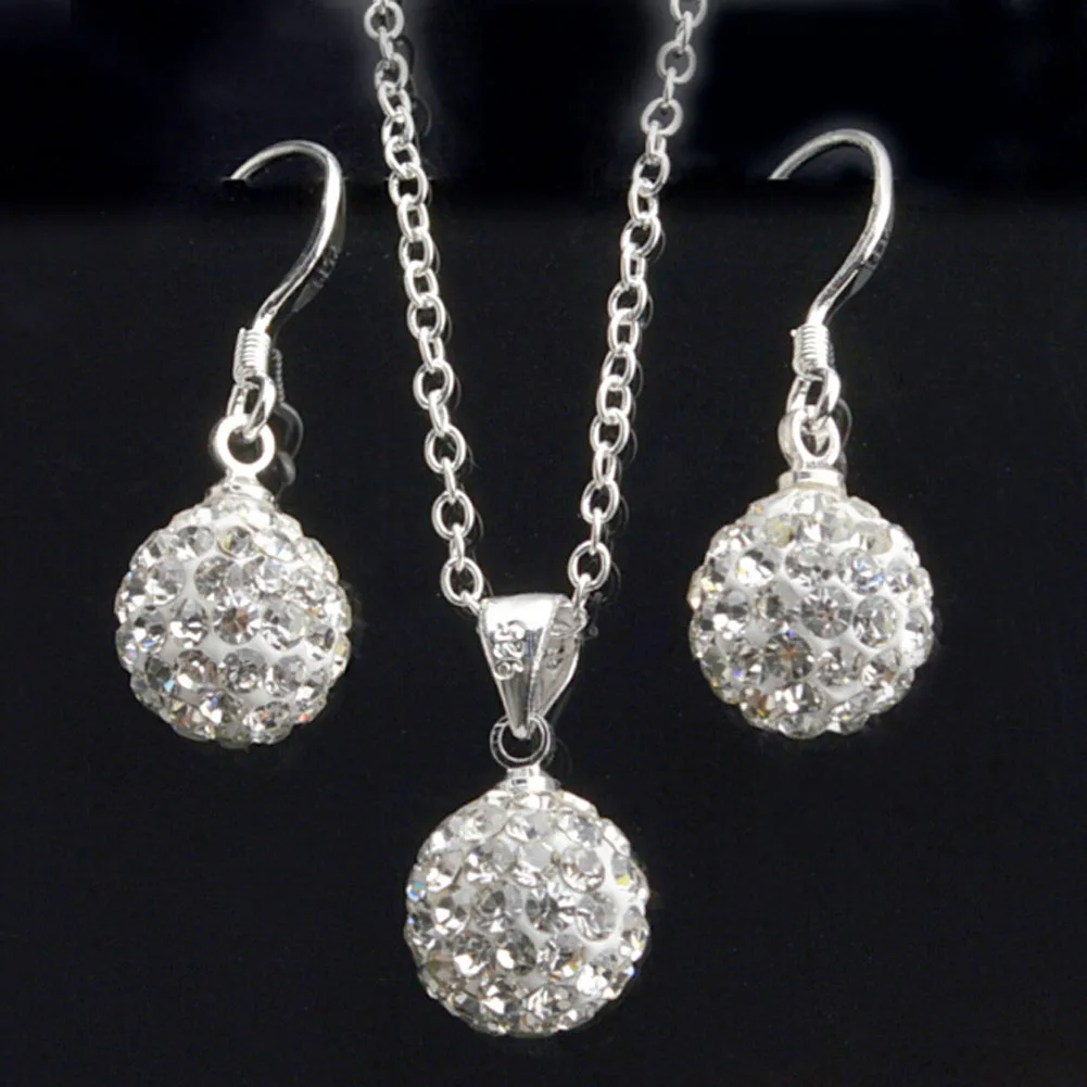 

Fashion Jewelry Set women's White Crystal Ball Drop Earrings Necklace Pendant Set For Felmale Engagement Ring