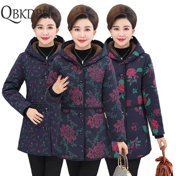 

Middle-aged Women Large size Winter coat NEW 100% Thickening Wool Hooded Winter jackets Warm Cotton clothes Printed jacket