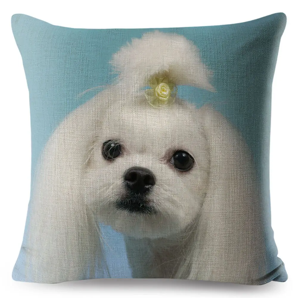 Cute Animal Pet Maltese Dog Pillow Cover Linen Cushion Covers 45*45cm Square Pillow Case Sofa Car Home Decoration Pillowcase