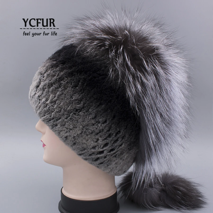 YCFUR женская зимняя шапка s шапки полые натуральная шапка из меха кролика рекс шапка с серебристой лисой меховая отделка Pom Hat Beanie Muff chapeu