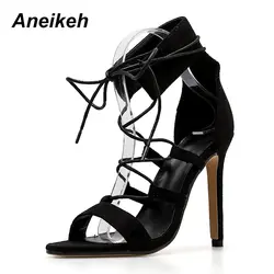 Aneikeh/2019 г. сандалии, летняя модная женская обувь с перекрестной шнуровкой на тонком высоком каблуке, обувь для вечеринок с закрытым носком
