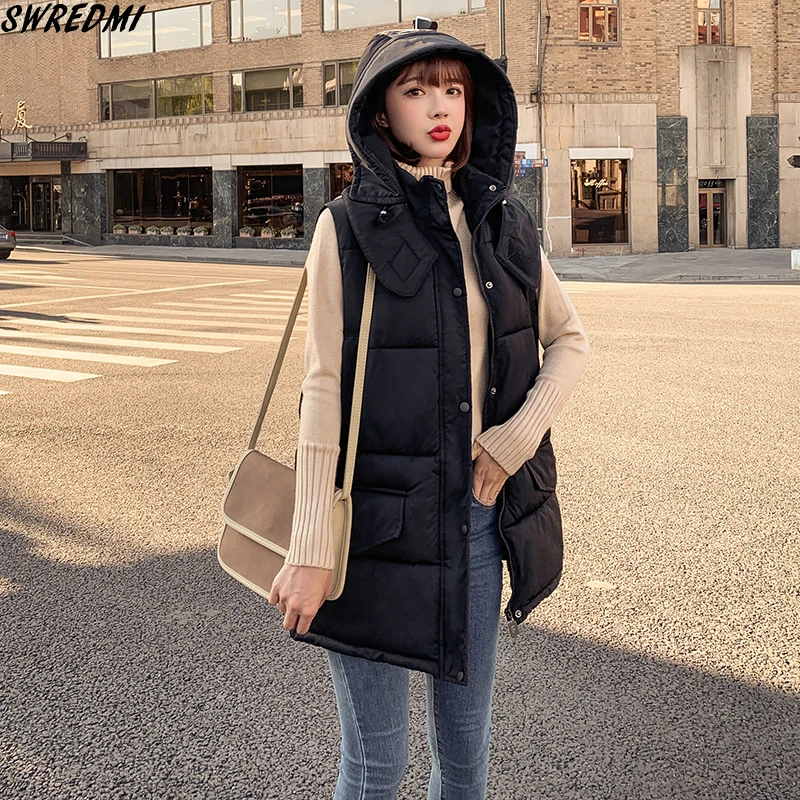 

SWREDMI Long Thicken Warm Vest Women 2019 Fashion Solid Winter Cotton Black Waistcoat Loose Female Hooded Vest Sleeveless Jacket