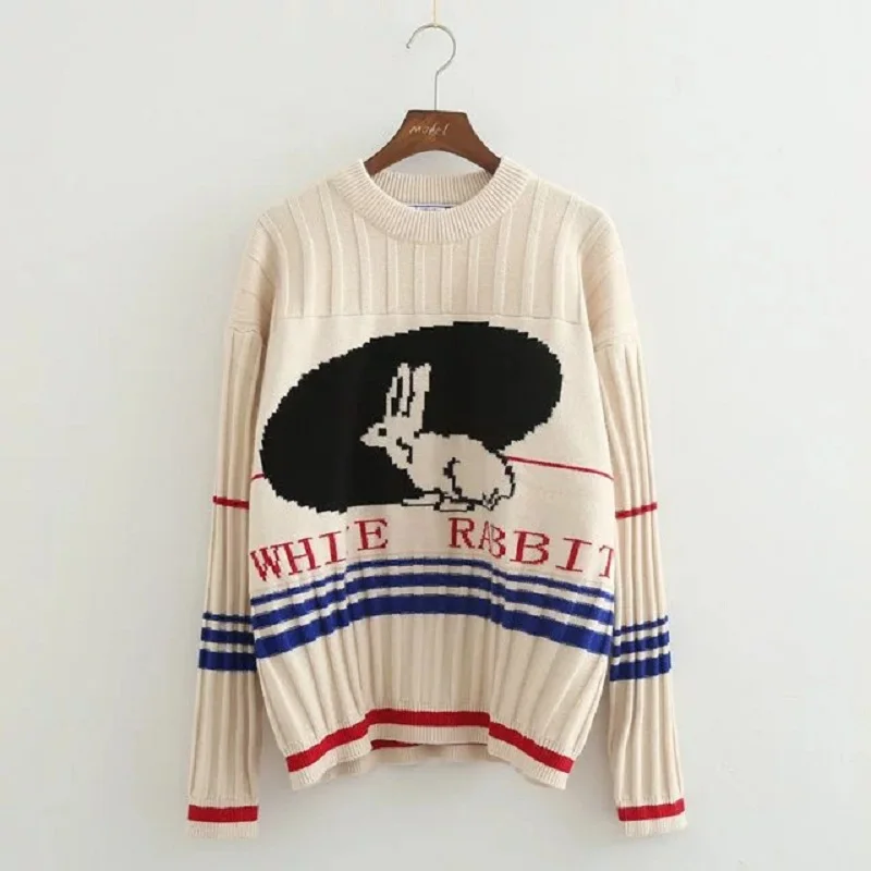 

2018 New Spring Vintage Sweaters Women Pullover Knit Top Original Fashion Cartoon Rabbit Beige Sweater Fashion High-quality