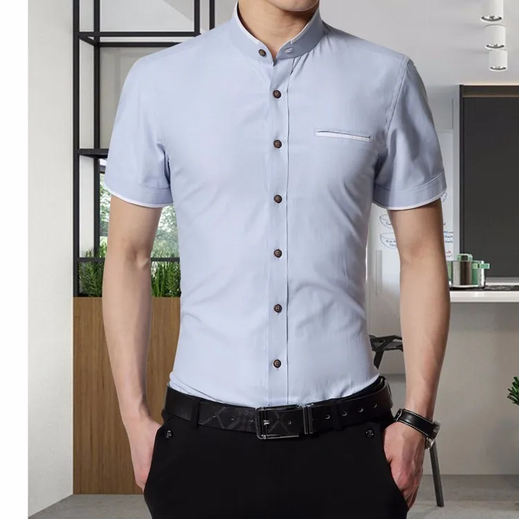 2018 Новый Для мужчин рубашки бренда воротник-стойка Slim Fit Для мужчин s Chemise Homme Повседневное Лето Бизнес рубашка в горошек короткий рукав